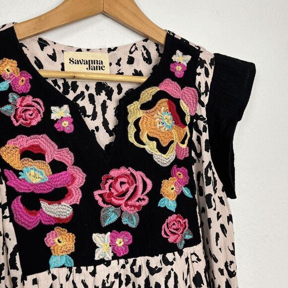Savanna Jane Leopard Animal Floral Embroidered Mini Dress Women's Size Small - Picture 3 of 6